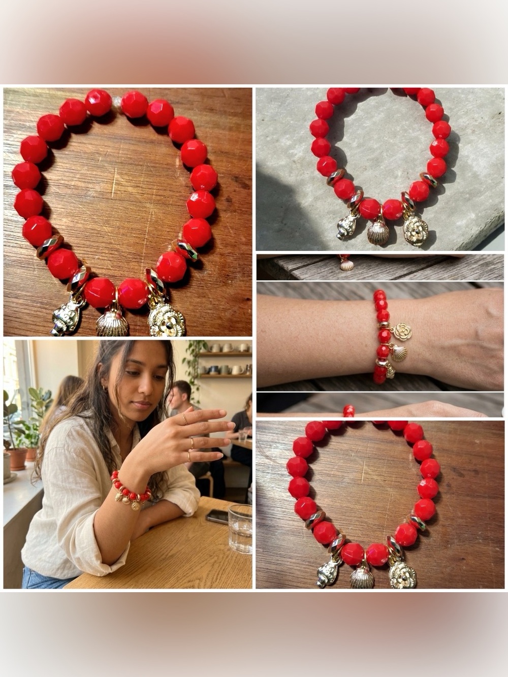 Red Beaded Charm Bracelet with Gold Accents - Women Jewelry